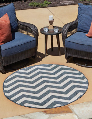 Unique Loom Outdoor Coastal Dalgalar Machine Made Chevron Rug Navy Blue, Ivory 7' 1" x 7' 1"