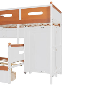English Elm Twin Over Full Wooden Bunk Bed With Stylish Storage, Led Light, Drawers, And Wardrobe In White & Orange N820S00063K-GIGA