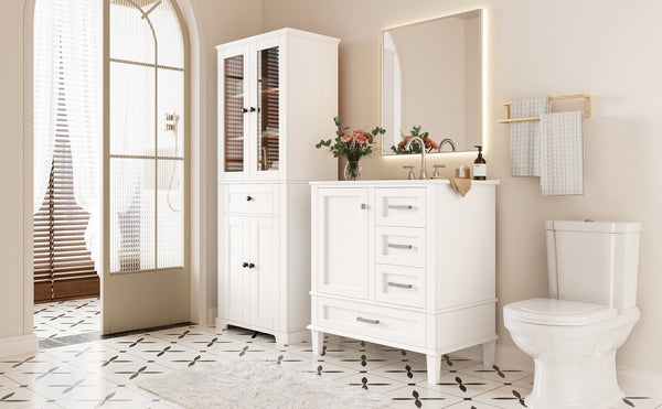 English Elm 67.57" Tall Matte Cabinet Vanity Combo with Glass Doors Soft-close Drawers Sink White N729P000033K