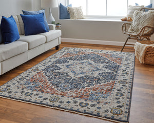 Feizy Rugs Kaia Luxurious Soft Area Rug - Distressed Medallion Design, Durable & Fade-resistant For High Traffic Ivory,Blue,Red Polypropylene,Viscose,Polyester Kai39htfbluredb00