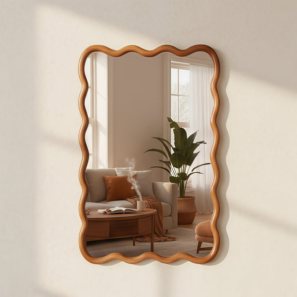 English Elm Yellowish Solid Wood 24"x36" Wavy Rectangle Mirror with Tempered Glass, Rustic Elegance for Bath & Entry W2203P389035