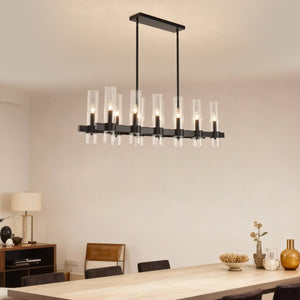 English Elm Black Linear Chandelier 12 Light Seeded Glass Farmhouse Fixture for Dining Rooms W5008P392744