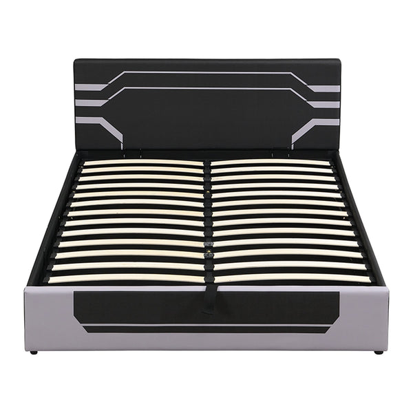 English Elm Modern Cyberpunk Queen Platform Bed Hydraulic Storage Pu Upholstered Gaming Frame Black+ Gray SF000205AAE