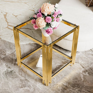 English Elm Modern Round Mirrored Glass End Table with Gold Metal Frame and Lower Display Shelf Transparent N735P380093K