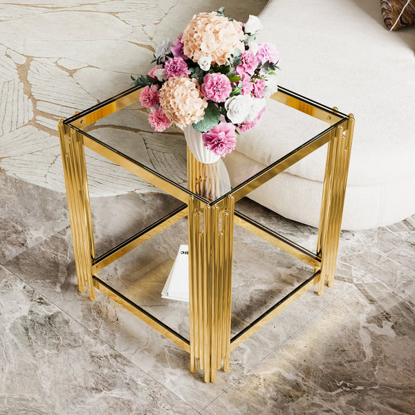 English Elm Modern Round Mirrored Glass End Table with Gold Metal Frame and Lower Display Shelf Transparent N735P380093K