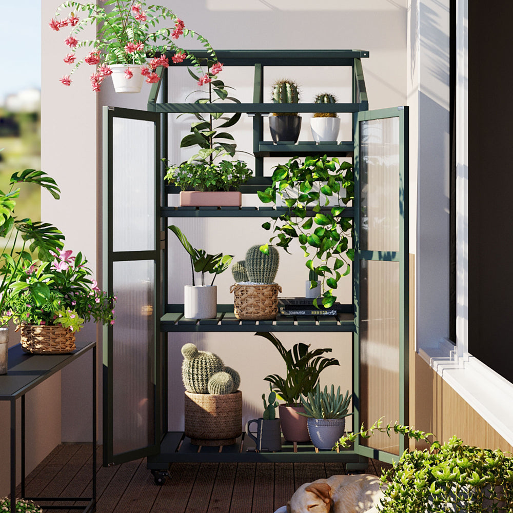 English Elm Topmax Fir Wood Portable Greenhouse with Polycarbonate Panels Adjustable Shelves and Casters N717P221494F