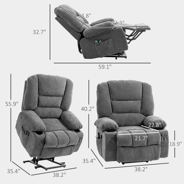 English Elm HOMCOM Power Lift Recliner Chair with Heat & 8-Mode Vibration Massage, Remote, Cup Holders Charcoal grey W2225P200400