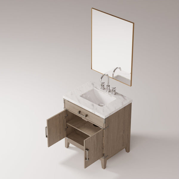 English Elm Grey Oak 30" Single Bath Vanity Set With Carrara Marble Top, 28" Mirror & Chrome Faucet Included B2731S02005