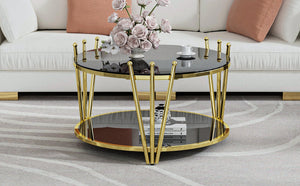 English Elm 31.5inch Modern Luxury Gold Coffee Table with Two-Tier Storage, Tempered Glass Top, Elegant Crown Design Black W1550P171454