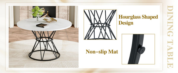 English Elm A Round Marble Patterned Mdf Dining Table with Matte Hourglass Base Seats Six White+Black W1151P434791