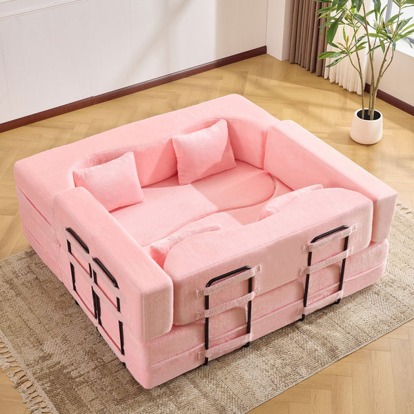 English Elm 71-inch folding sofa bed with plush fur cover, high-density foam futon sleeper, modern modular comfort Pink W1829S00065