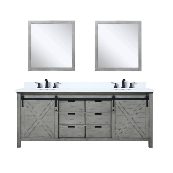 English Elm Ash Grey Double Bath Vanity With White Quartz Top, Matte Black Fixtures & 30" Mirrors For Modern Style B2731S01077