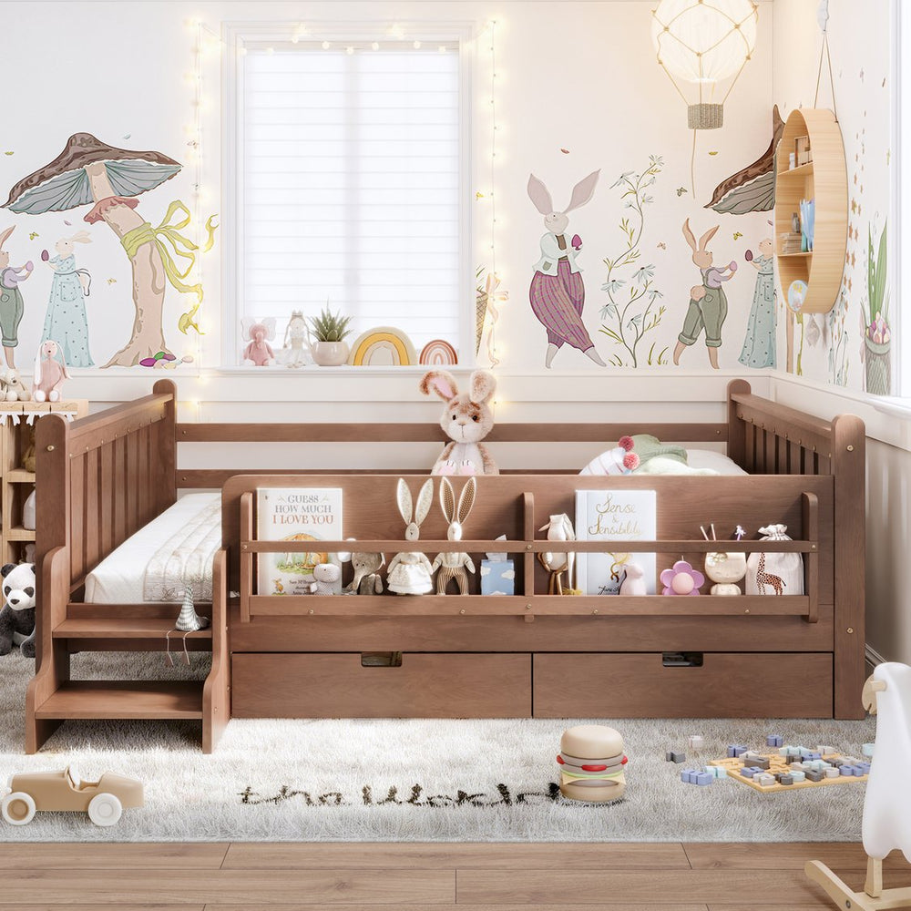 English Elm Queen Bunk Bed with Trundle Solid Pine Kids Car Themed Frame Built-in Bookshelf Natural W1580S00543