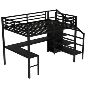 English Elm Queen Size Loft Bed With Integrated L-Shaped Desk, Usb Ports, Wardrobe, Led Lighting, Black Finish W1580S00106-GIGA