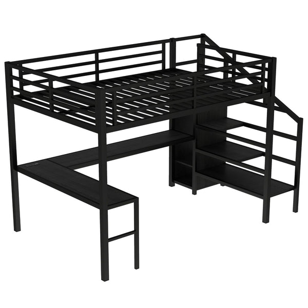 English Elm Queen Size Loft Bed With Integrated L-Shaped Desk, Usb Ports, Wardrobe, Led Lighting, Black Finish W1580S00106-GIGA