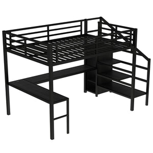 English Elm Twin Xl Metal Loft Bed with Stair Storage Shelves Sturdy Steel Frame for Dorms W1580S00545