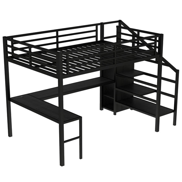 English Elm Twin Xl Metal Loft Bed with Stair Storage Shelves Sturdy Steel Frame for Dorms W1580S00545