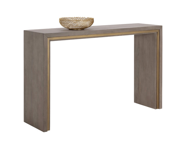 Sunpan Hilbert Console Table - Modern Grey Acacia Wood with Brass Trim, Stylish Linear Design for Any Space