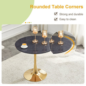 English Elm Round Faux Marble Tulip Pedestal Dining Table Mid Century Modern for Small Bistro Spaces Gold,Gray W2920P405351