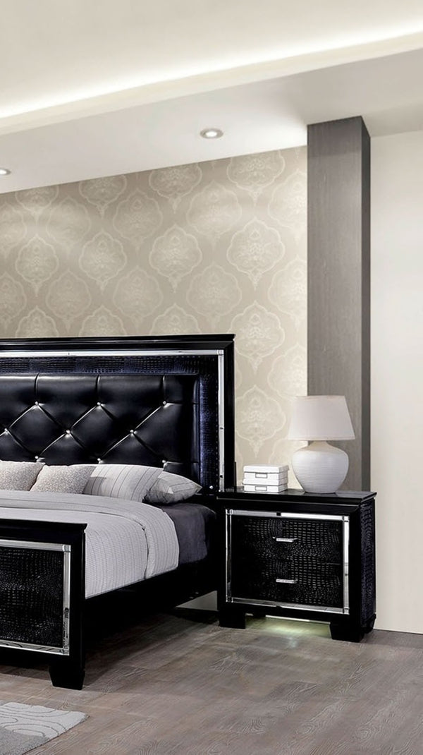 English Elm Contemporary Crocodile-Textured Nightstand with LED Mood Lighting, Dovetail Drawer & Mirror Accents Black 34 L x 21 W x 35 H B011P232476