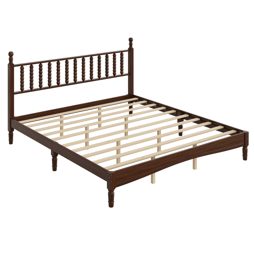 English Elm King Retro Wood Platform Bed with Gourd Headboard, Walnut Finish, Sturdy Slat Support, No Box Spring Needed N733P338316D