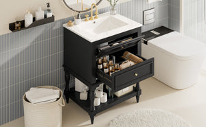 English Elm 24'' Retro Bathroom Vanity Mdf Cabinet with Ceramic Sink Open Shelf and 2 Drawers Black N710P405414B