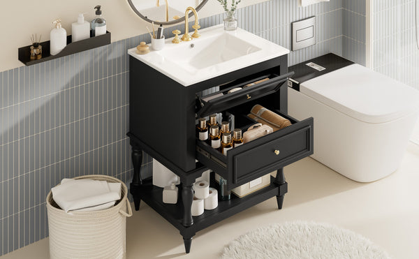 English Elm 24'' Retro Bathroom Vanity Mdf Cabinet with Ceramic Sink Open Shelf and 2 Drawers Black N710P405414B