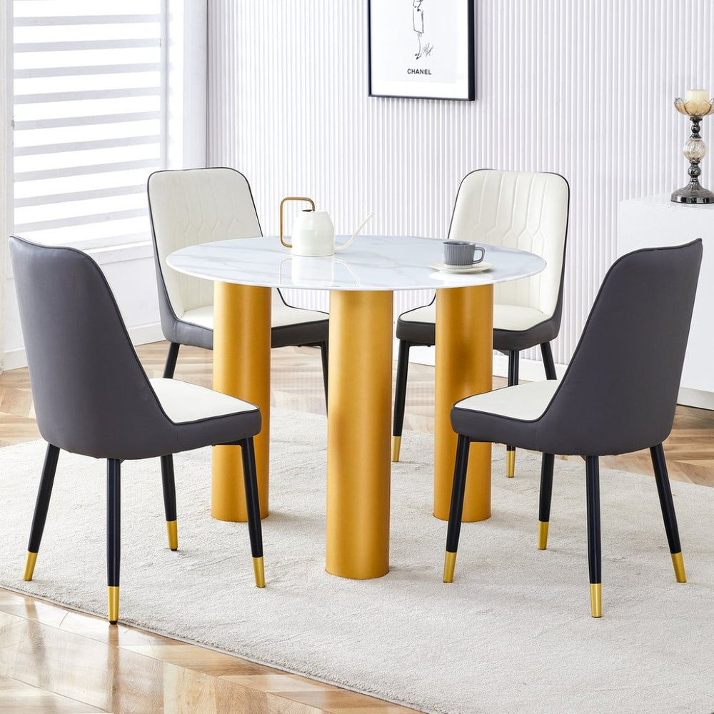 English Elm Table Set With Elegant Round White Marble Top, Gold Legs, And Soft Dining Chairs For Stylish Spaces W1151S01135-GIGA