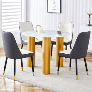 English Elm Table Set With Elegant Round White Marble Top, Gold Legs, And Soft Dining Chairs For Stylish Spaces W1151S01135-GIGA