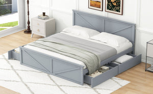 English Elm King Solid Wood Platform Bed with 4 Under-Drawers, Gray King Size Frame, Sturdy Slats, 500lb Capacity SM000537AAE