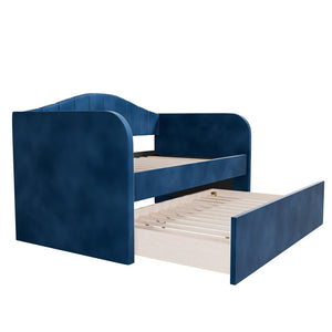 English Elm Modern Velvet Upholstered Daybed with Trundle Plush Low Profile Frame for Guest Rooms Navy Blue B011S02048
