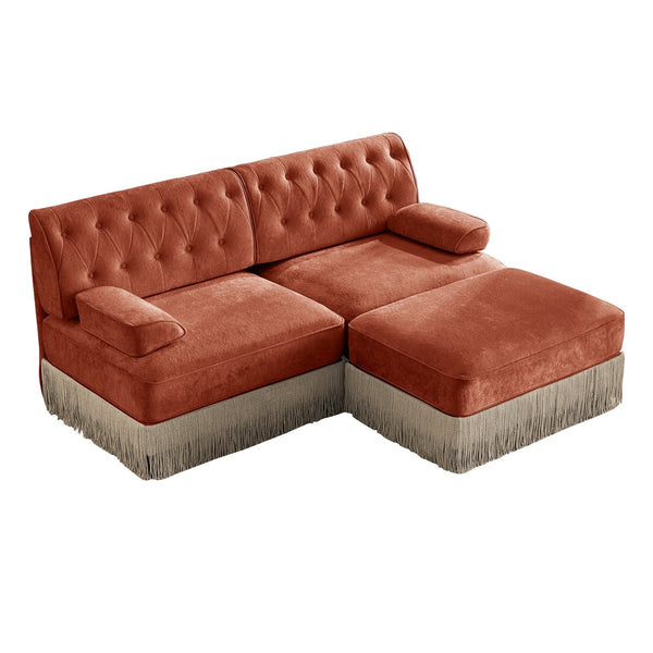 English Elm L-shaped Velvet Sectional Sofa Tufted Chesterfield Style with Tassel Skirt for Living Room Red+Brown W714S01720