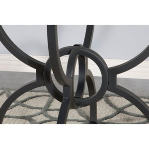 English Elm Marina Round Glass Top Dining Table with Sculptural Gunmetal Base Seats Four B062S01809