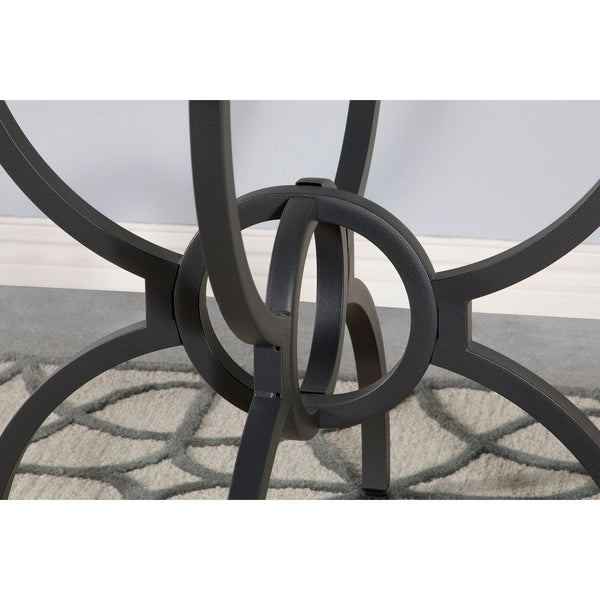 English Elm Marina Round Glass Top Dining Table with Sculptural Gunmetal Base Seats Four B062S01809