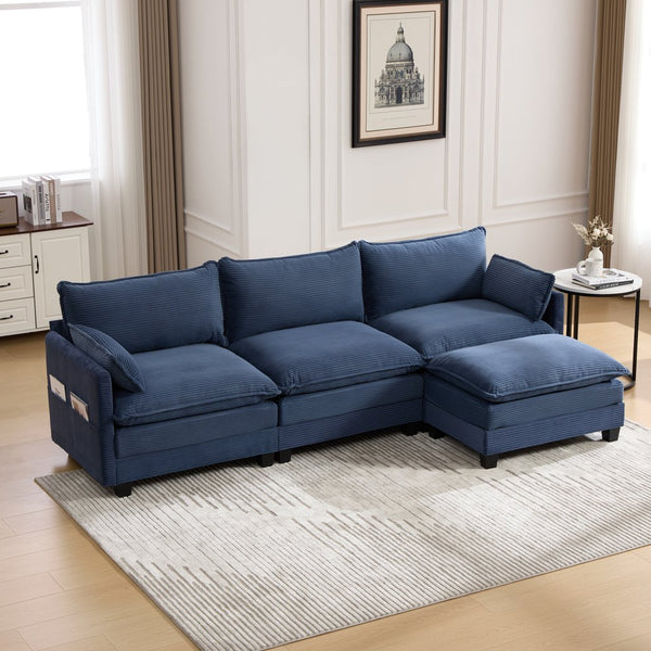 English Elm United We Win Modular Corduroy Sectional with Ottoman Low Profile Living Room Couch Navy W1568S00261
