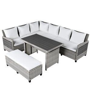 English Elm TOMAX 5-Piece Outdoor Rattan Sectional Sofa Set with Extendable Side Tables and Dining Table White SP100006AAK