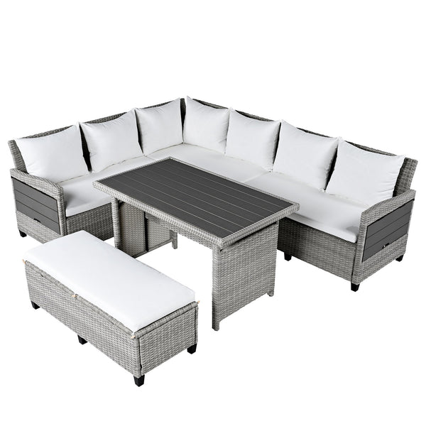 English Elm TOMAX 5-Piece Outdoor Rattan Sectional Sofa Set with Extendable Side Tables and Dining Table White SP100006AAK
