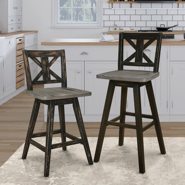 English Elm Pub Height Swivel Chairs Set Of 2 - Distressed Gray & Black X-Back Design For Rustic Charm & Comfort B011P194913-GIGA