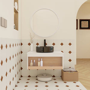 English Elm 30" Floating Wall Mount Bathroom Vanity Open Shelf Ceramic Vessel Sink Modern White White + Light Oak,White+Black W3450S00060