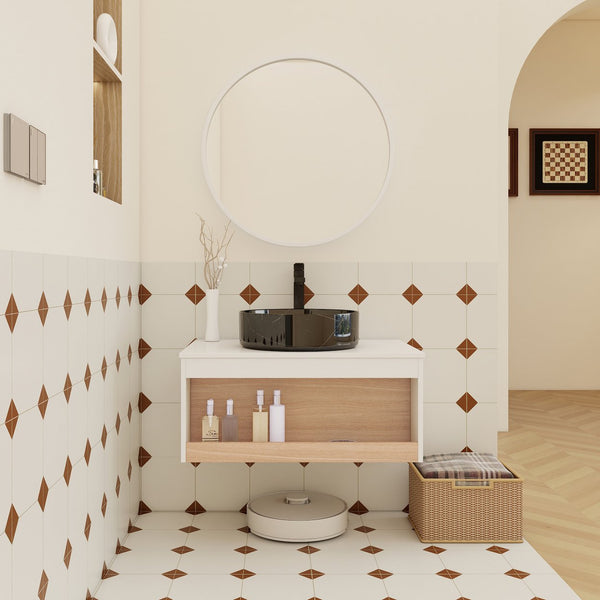 English Elm 30" Floating Wall Mount Bathroom Vanity Open Shelf Ceramic Vessel Sink Modern White White + Light Oak,White+Black W3450S00060