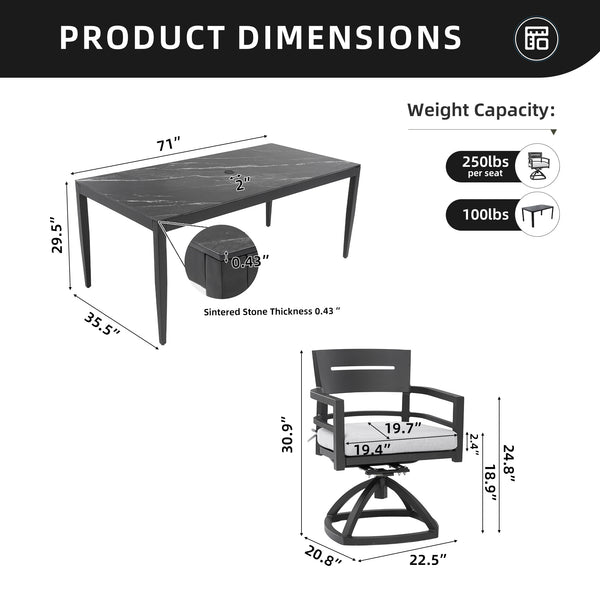 English Elm Modern 7-Piece Outdoor Aluminum Dining Set With Swivel Rockers & Elegant Sintered Stone Tabletop W1886S00019
