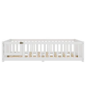 English Elm Full Floor Bed with Safety Guardrails and Play Door for Kids, Low Profile Pine Frame, 550lb Capacity White W1580P338950
