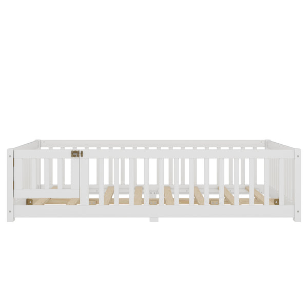 English Elm Full Floor Bed with Safety Guardrails and Play Door for Kids, Low Profile Pine Frame, 550lb Capacity White W1580P338950