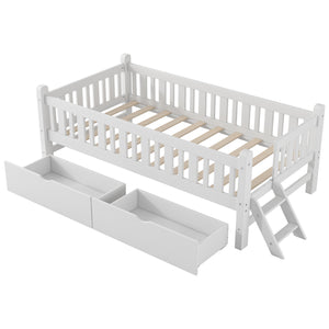 English Elm Wood Twin Platform Bed with Guardrail, Solid Pine Construction, 2 Underbed Drawers for Storage and Playroom Space White N709P242145K