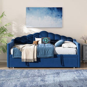 English Elm Upholstered Twin Daybed with Pop-Up Trundle, Built-In USB Type-C Charger, Side Pockets, Velvet Frame Blue 77.25 L x 17.25 W x 5.31 H N733S285118C