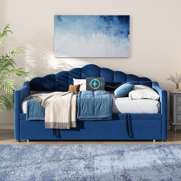 English Elm Upholstered Twin Daybed with Pop-Up Trundle, Built-In USB Type-C Charger, Side Pockets, Velvet Frame Blue 77.25 L x 17.25 W x 5.31 H N733S285118C