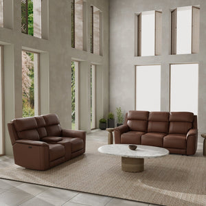 English Elm Oslo Genuine Leather Power Reclining Sofa Set with Usb Charging and Swivel Glider Pecan B339S00005
