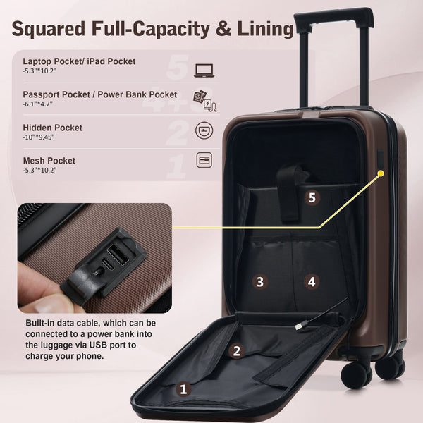 English Elm Luggage 5 Piece Hardside Abs Set with Front Access Carry on and Tsa Spinner Wheels Brown N732P391544O