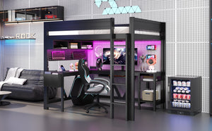 English Elm Wood Full Size Gaming Loft Bed With Integrated Desk, Charging Station & Led Lights - Black Finish N7090004022B-GIGA