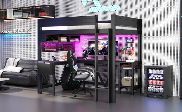 English Elm Wood Full Size Gaming Loft Bed With Integrated Desk, Charging Station & Led Lights - Black Finish N7090004022B-GIGA